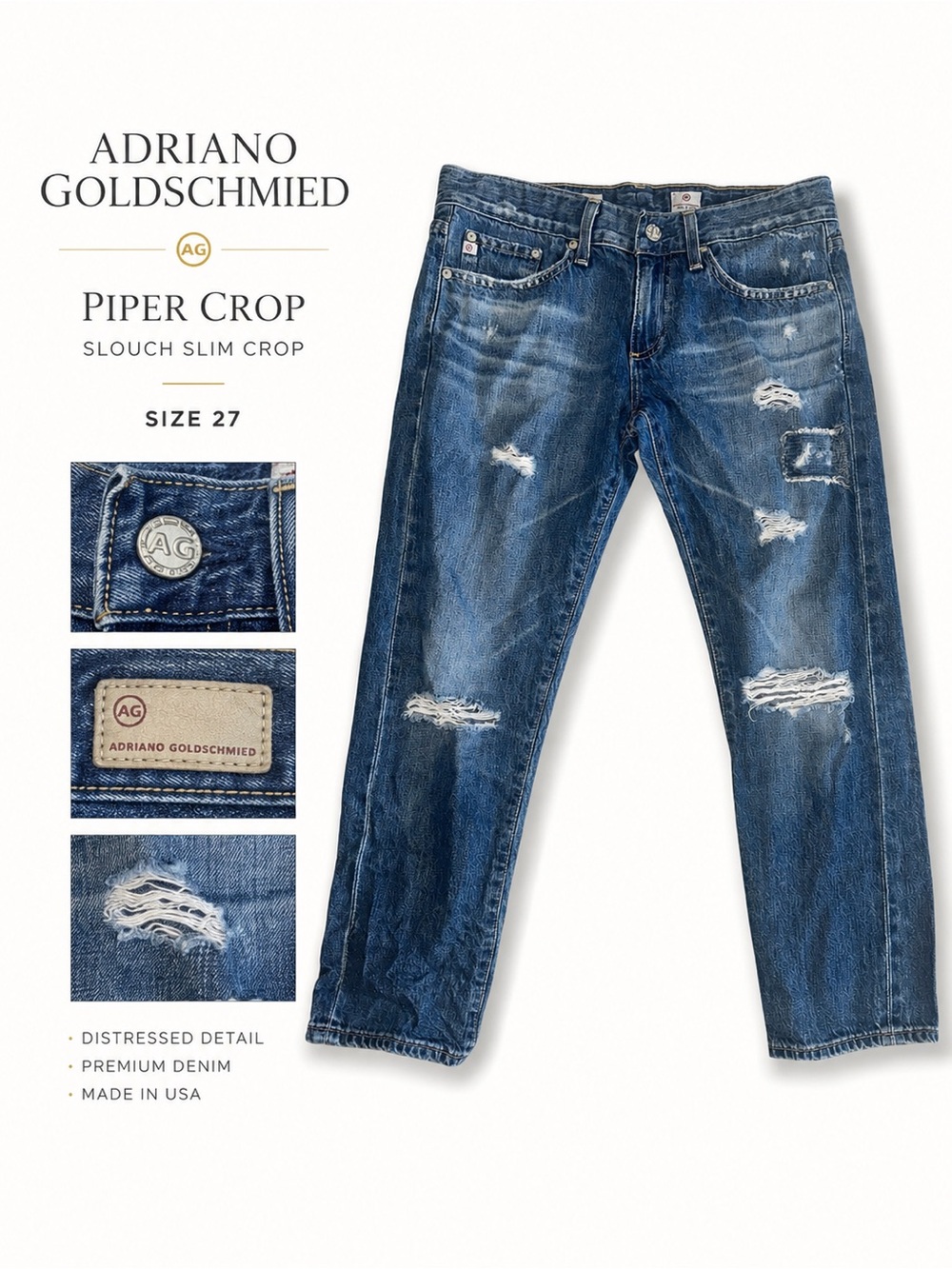 Ag Adriano Goldschmied Distressed Dark Blue Piper Crop Jeans